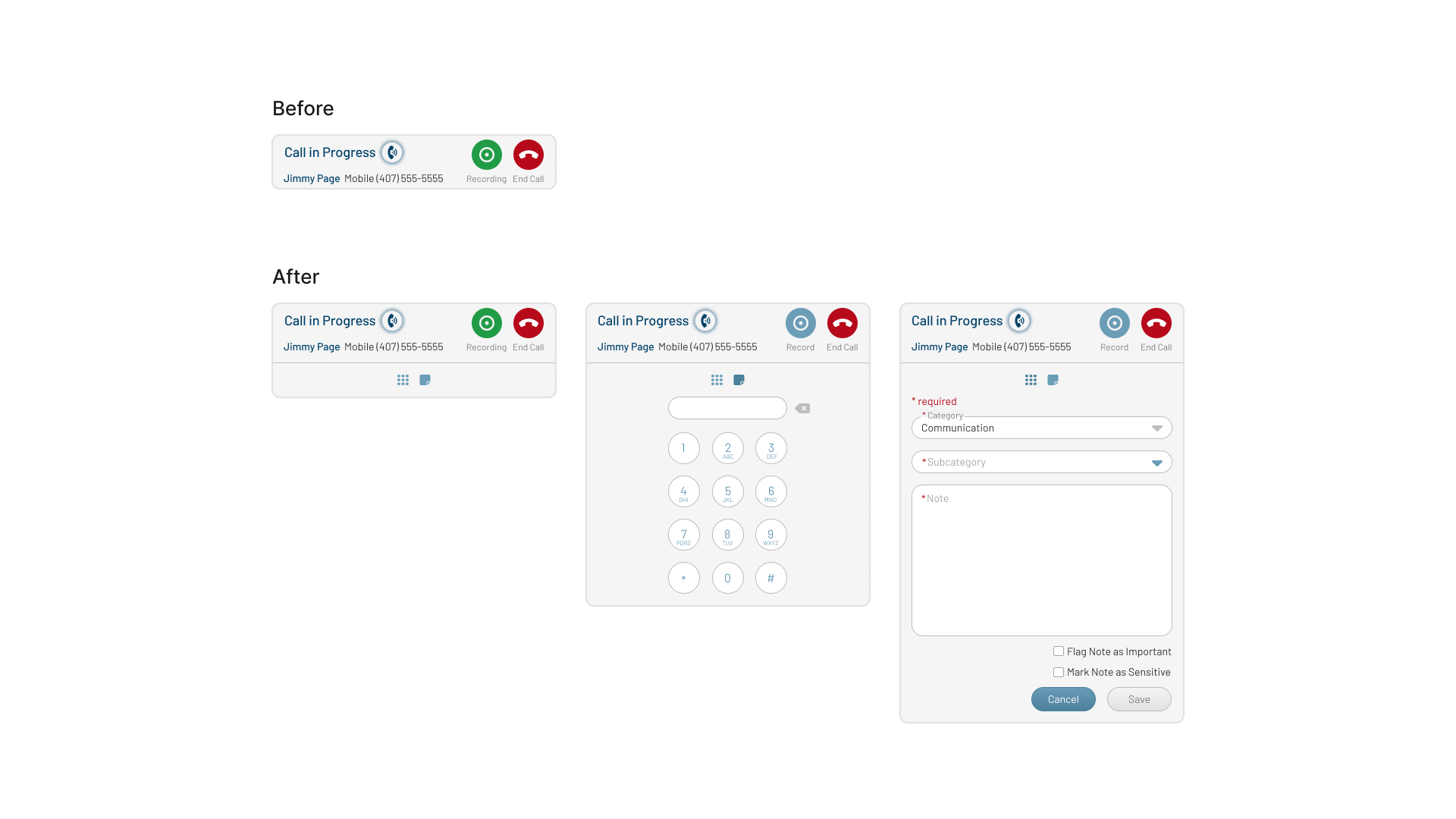 Calling workflow iteration showing inline call notes and dial pad