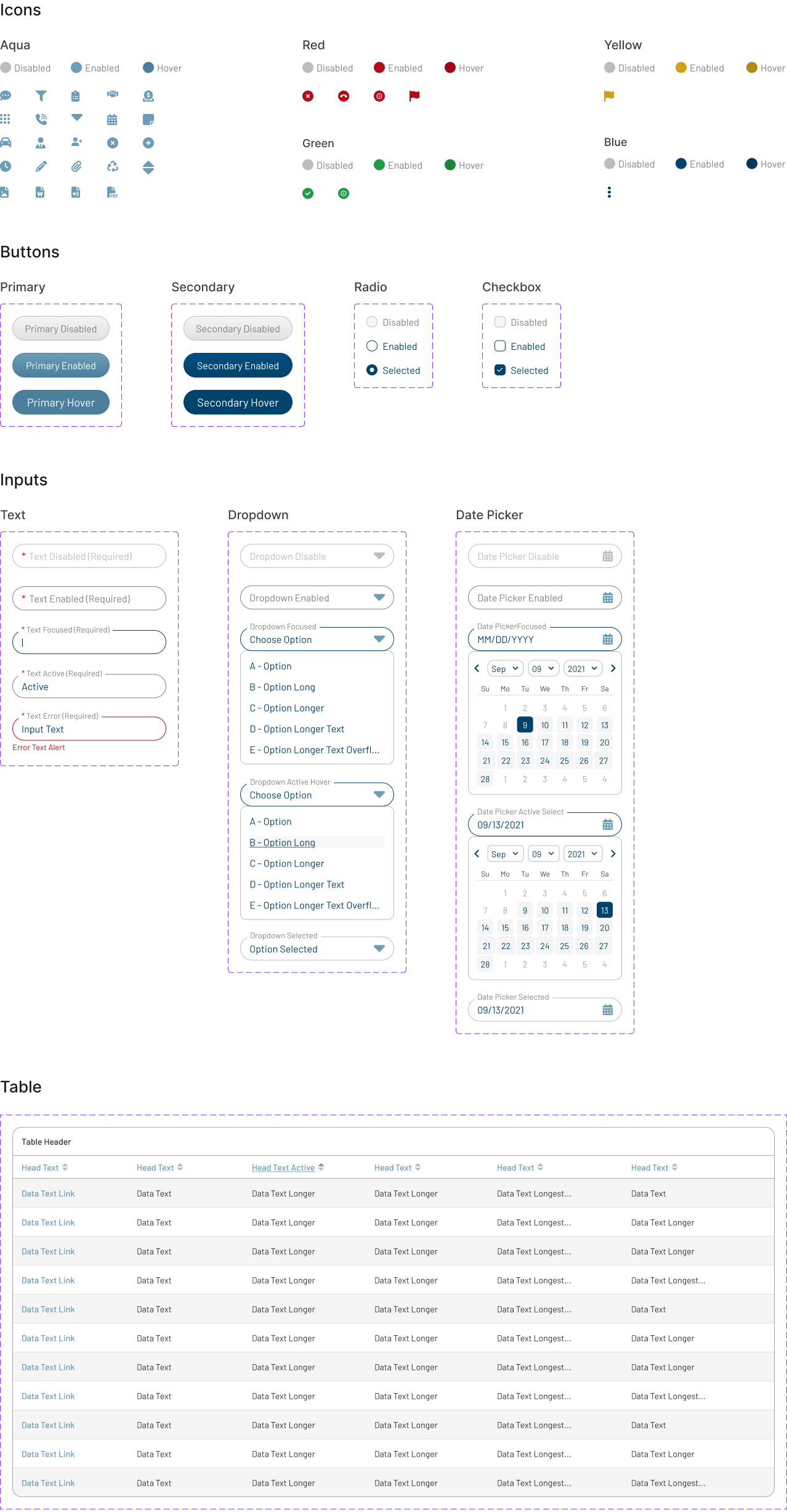 NARS UI component library showing icons, buttons, text fields, dropdowns, date pickers, radios, and checkboxes with various states