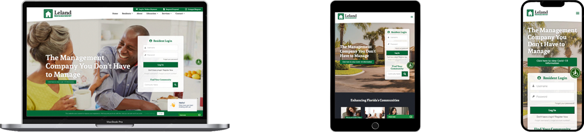 Leland Management responsive screens on desktop, tablet, and mobile