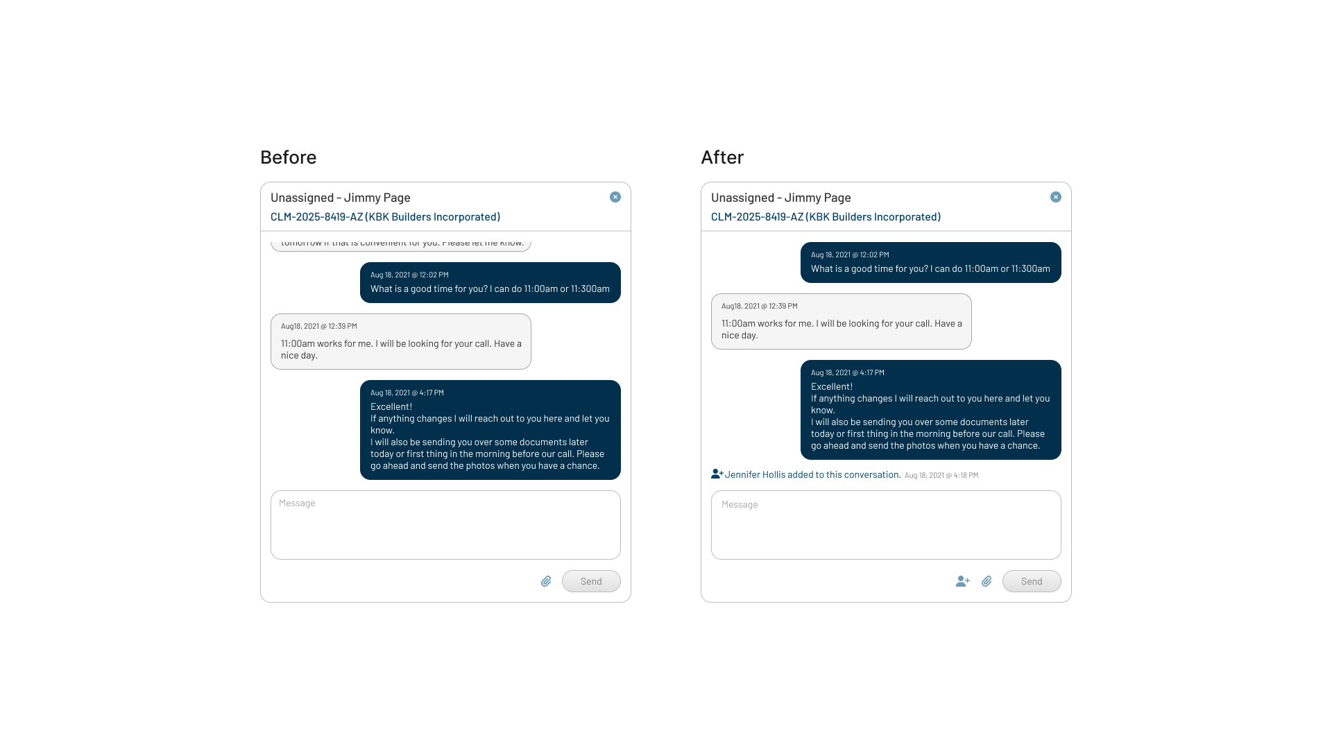 Multi-user messaging iteration showing users added to an existing claim message thread