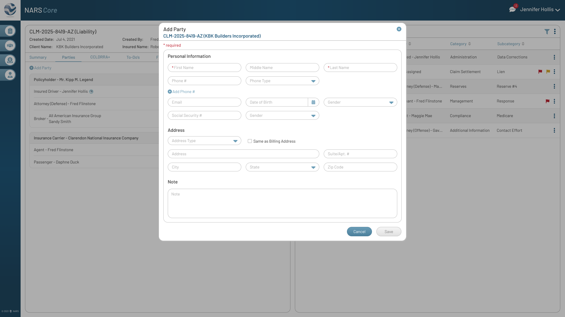 Add Party — Users can add and edit parties within a claim, enabling direct interaction through integrated messaging and calling features