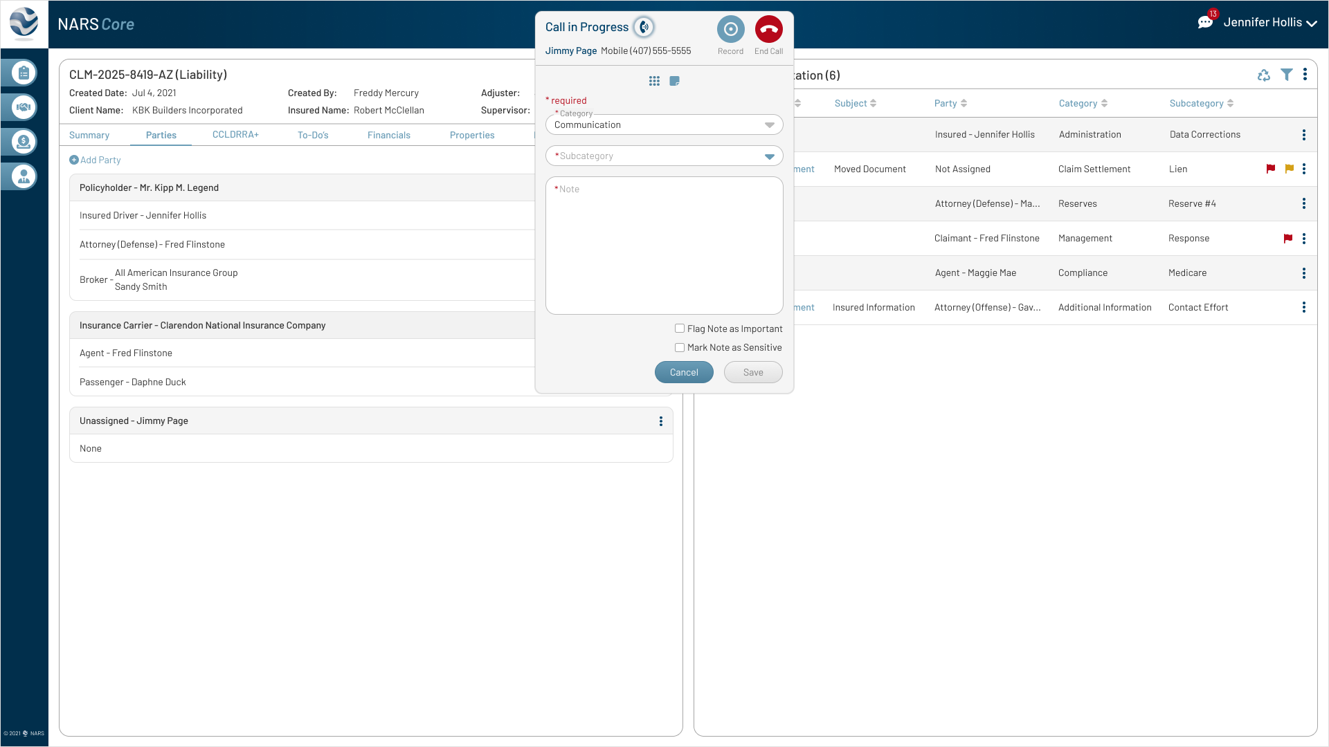 High-fidelity mock of Calling Party panel with inline note entry and dial pad option