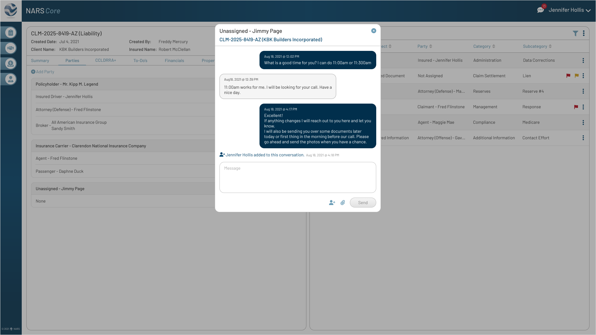 High-fidelity mock of messaging thread with added adjuster