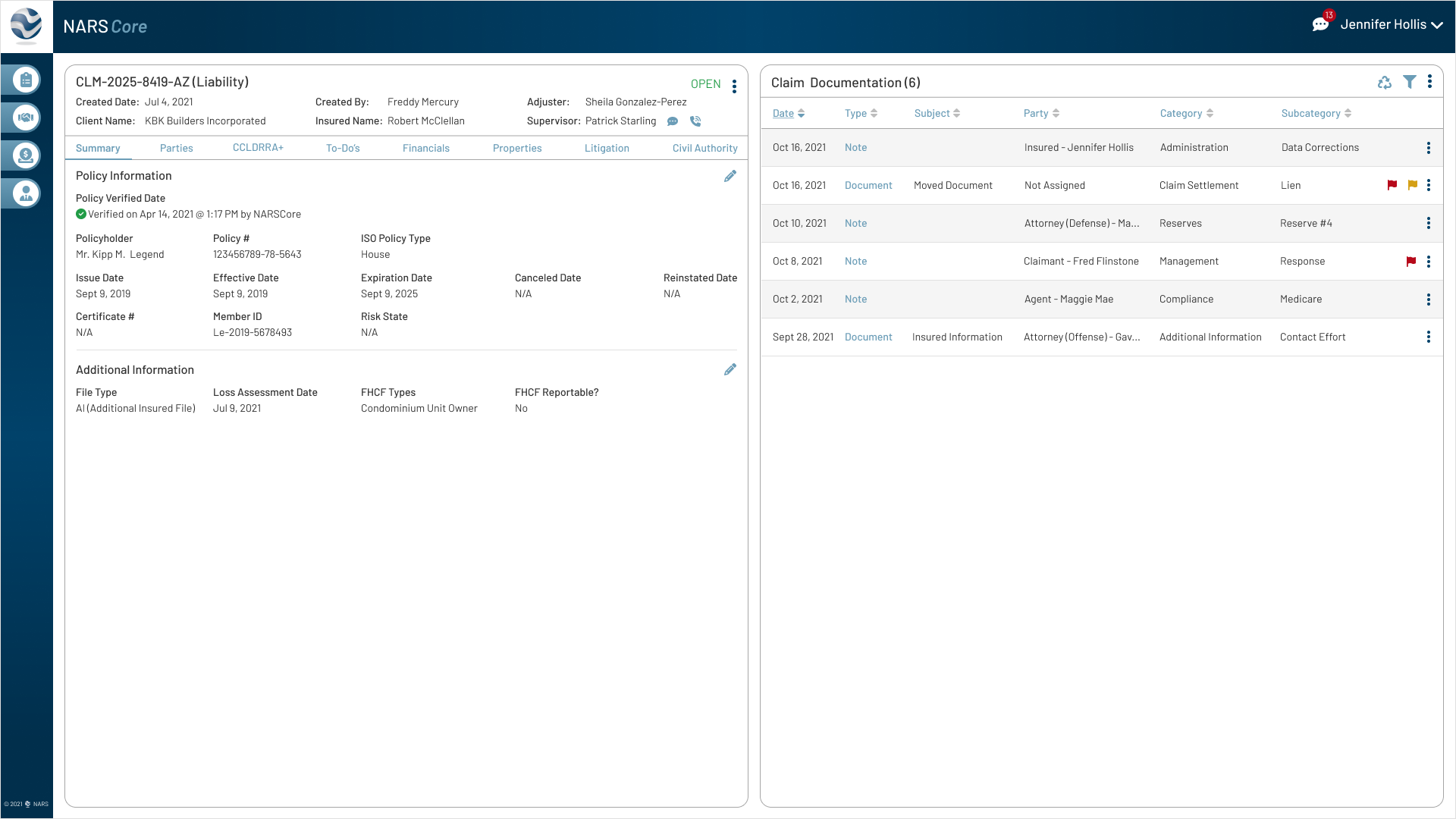 High-fidelity mock showing Claim Summary details paired with a Documents list