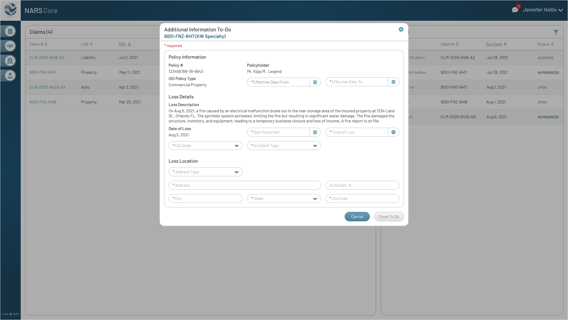 Additional Information To-Do — This task requires the adjuster to gather missing information that was not provided when the claim was first filed with customer service