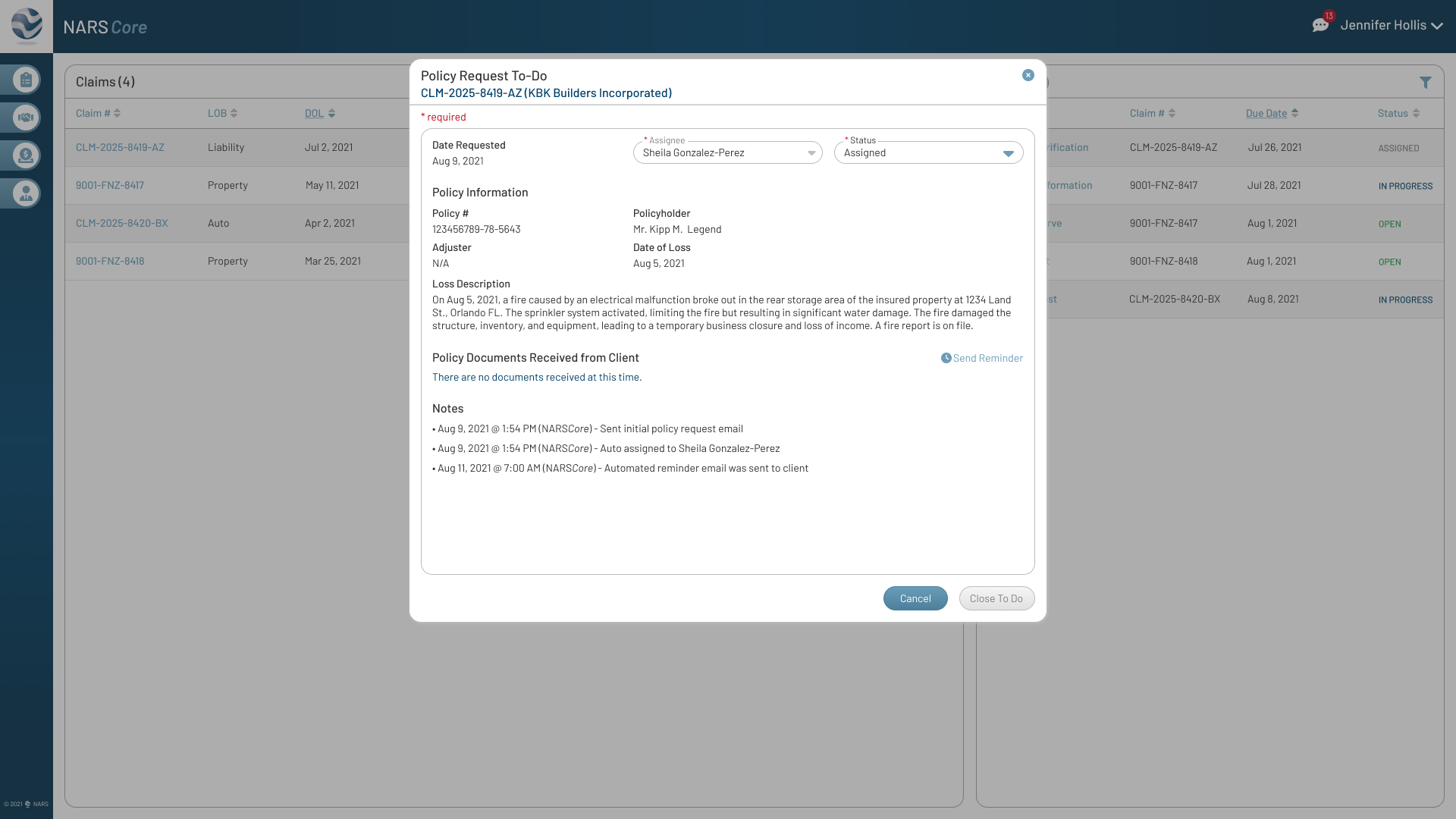 High-fidelity mock of Policy Request To-Do showing task details and note history