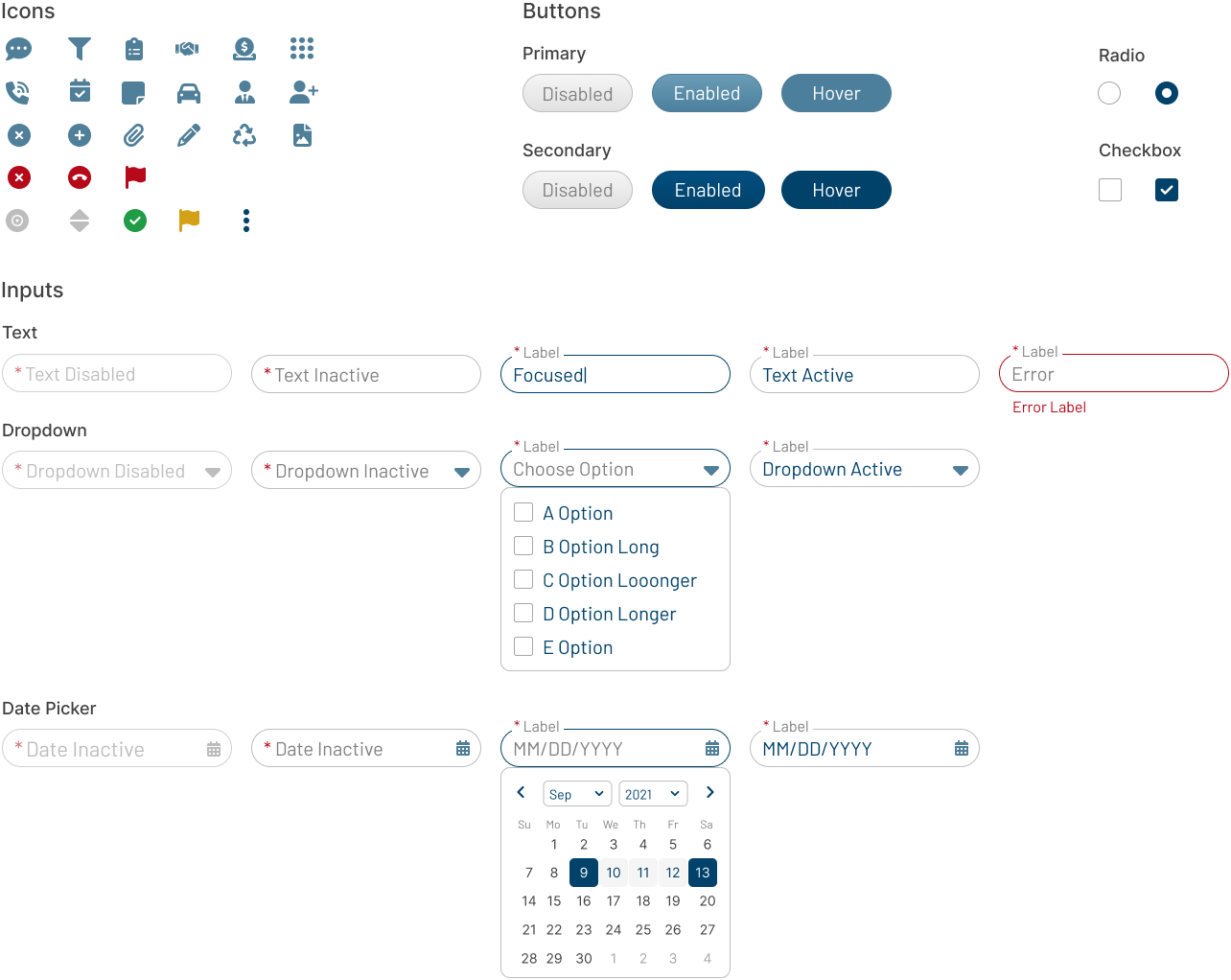 NARS UI component library showing icons, buttons, text fields, dropdowns, date pickers, radios, and checkboxes with various states